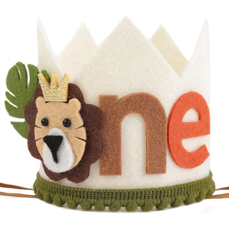 1 Year Old Kids Avocado Green Lion Birthday Crown First Baby Party White Non Woven Safari