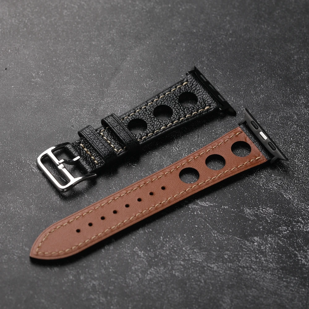 Handmade Brown Black Goatskin Bracelet 44mm 45mm 49mm FFor Apple Watch 8 Ultra Breathable Leather Strap