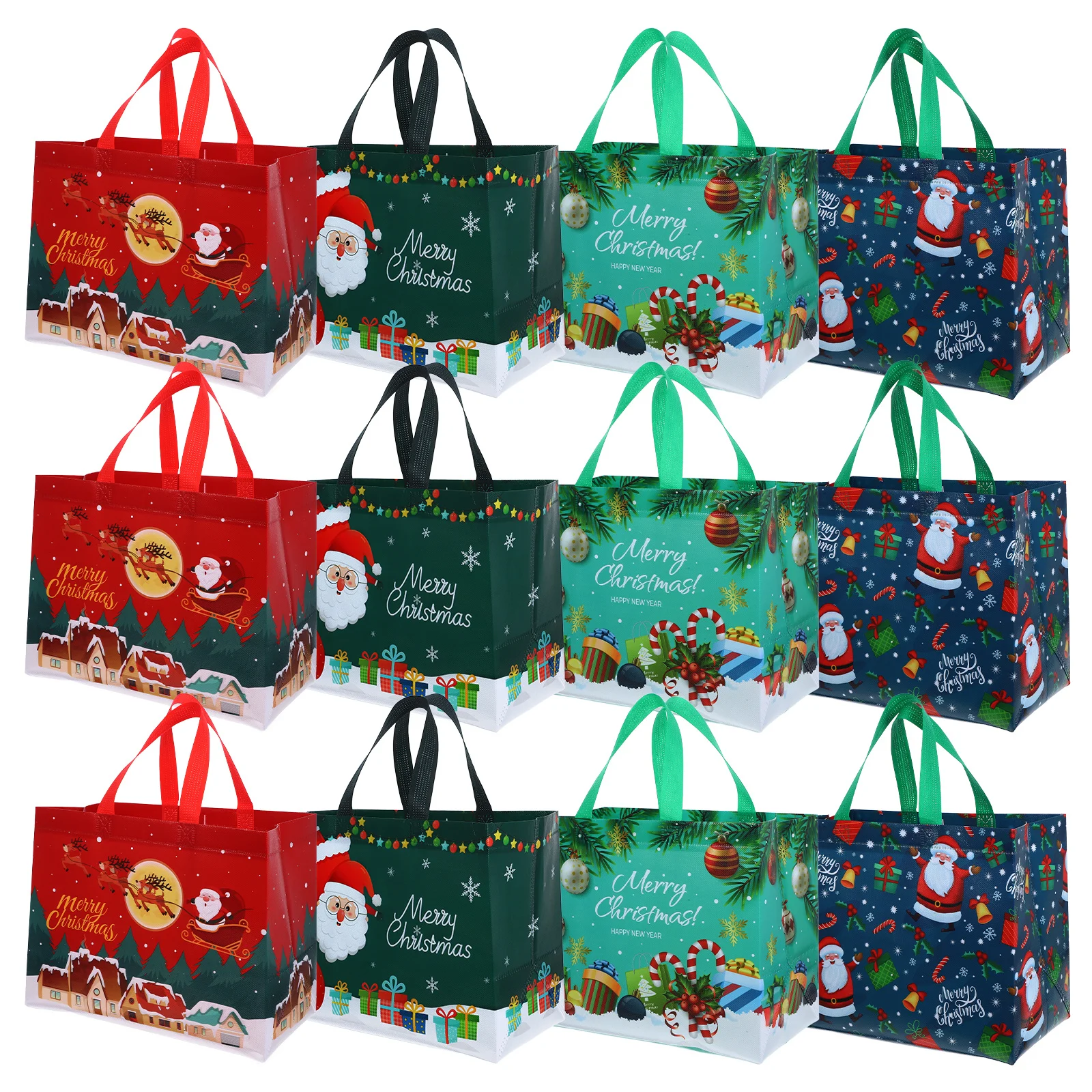 

12Pcs Christmas Gift Bags Non-Woven Reusable Party Present Totes with Holiday Prints for Snacks and Small Gifts