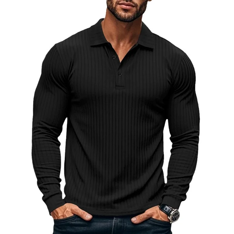 Cross-border autumn men\'s classic casual American lapel button-up long-sleeved T-shirt elastic pit strip polo shirt
