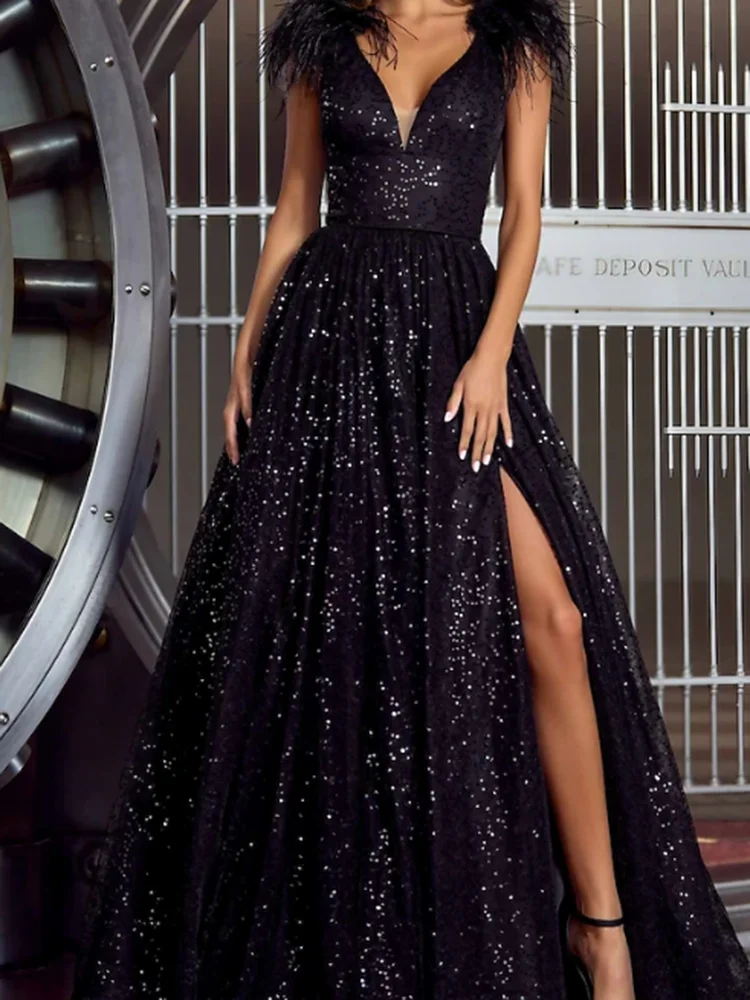 Elegant V-Neck Sequined Feather A-Line Formal Evening Dresses Birthday Party Prom Gowns Customized