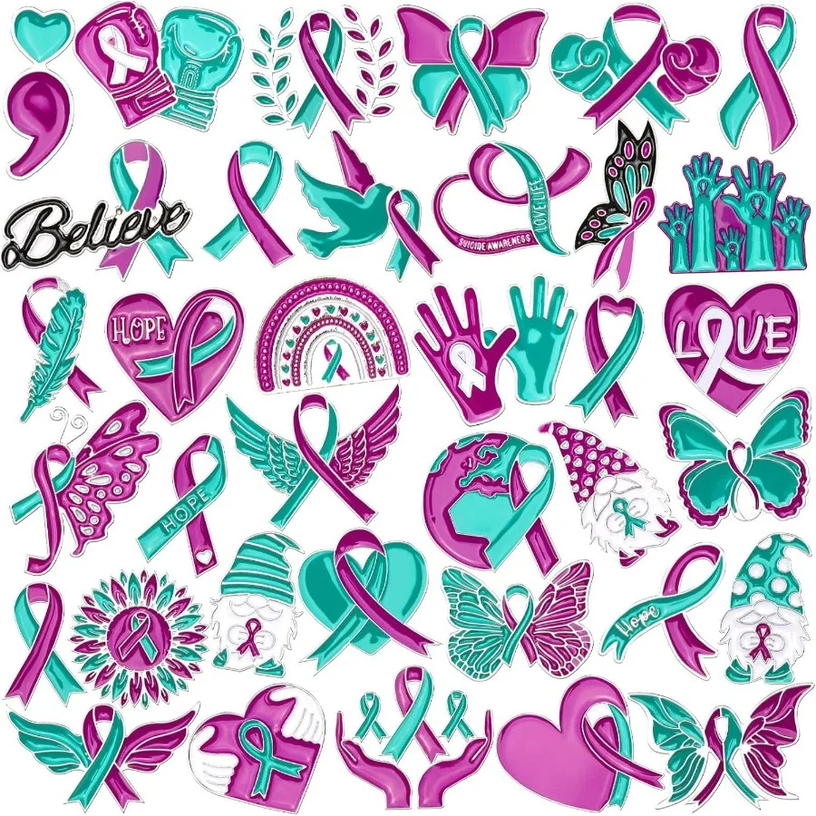 36PCS Suicide Prevention Awareness Enamel Pins Teal Purple Ribbon Lapel Pins for Mental Health Support Hope and Love Statement