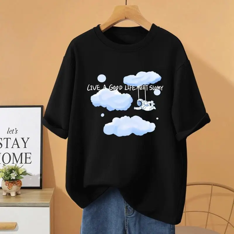 

Summer 100% Cotton Fashion Loose Pullovers, Cartoon Printed O-neck Short Sleeve Top Tee, Women Clothing Casual Basics T-shirt