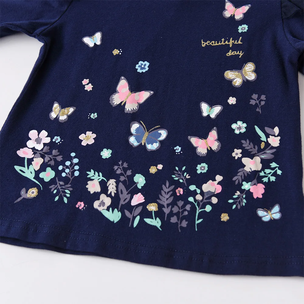 VIKITA Girls Autumn Spring Flare Sleeve T Shirt Kids Butterfly Floral Print Cartoon Tees Girls Cotton Casual Navy Blue Tops