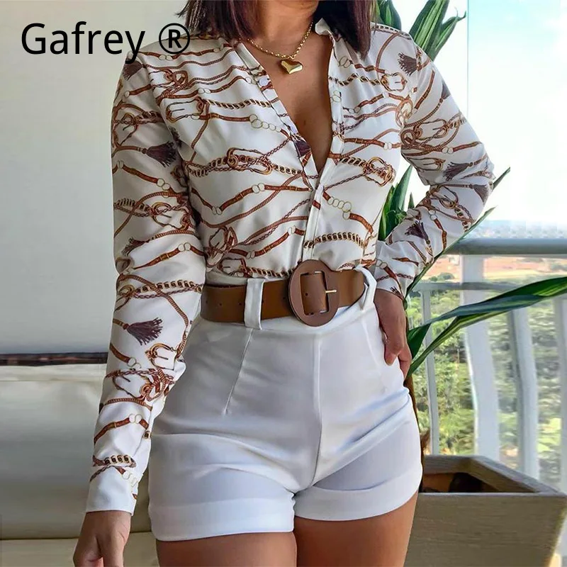 Women Digital Print Stand Collar Long Sleeve Shirt High Waist Shorts Set Unique Pattern Artistic Two Piece Co-ord Outfit