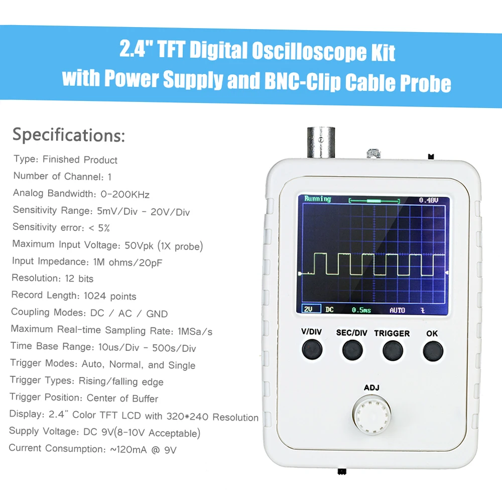 FNIRSI 2.4” TFT Handheld Digital Oscilloscope Kit 0-200KHz Bandwidth 1M Sampling Rate with BNC-Clip Cable Probe and Power Supply