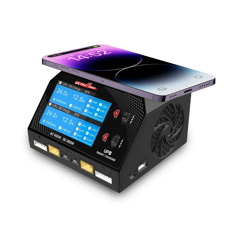 400W Dual Port Smart Charger, 0.1-16A Adjustable for LiPo/LiFe/NiMH/Lead Acid, External Discharge & Wireless Charging for Hobby