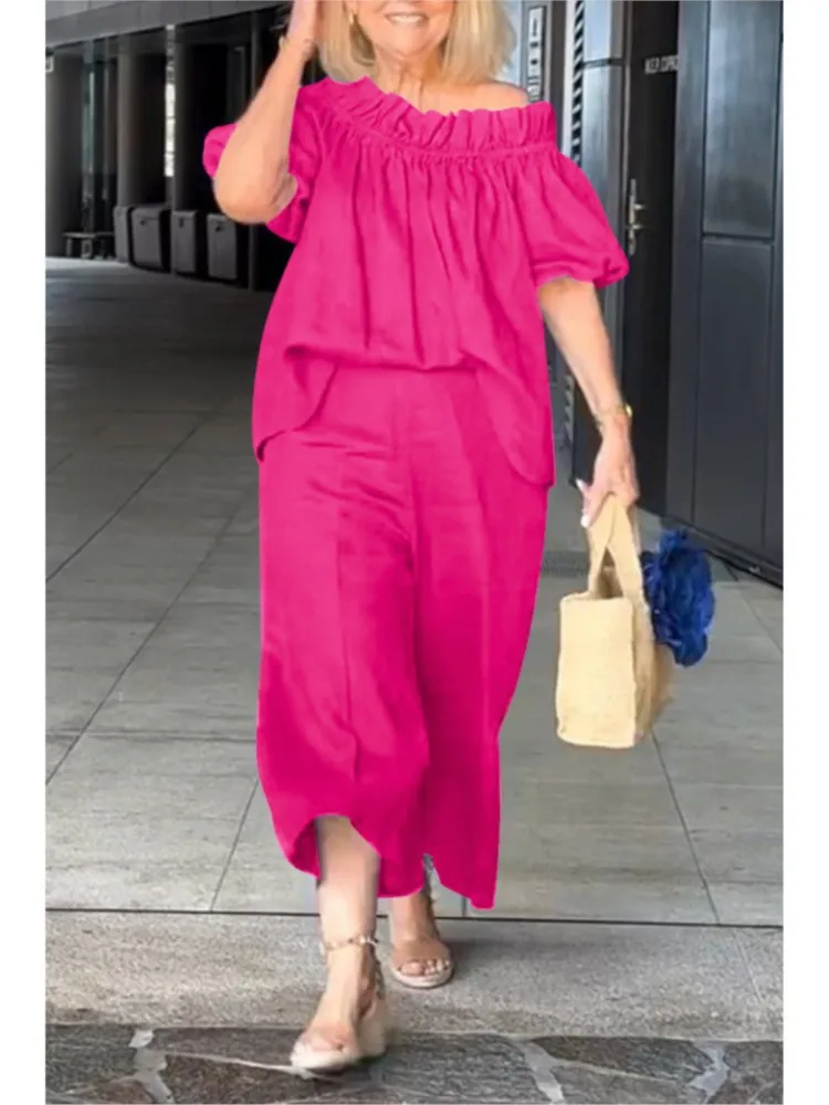 

Women Solid Color Loose Two Piece Set Ruffle Neck Ruffles Off Shoulder Blouse & Wide Leg Pants Sets Vintage Casual Female Outfit