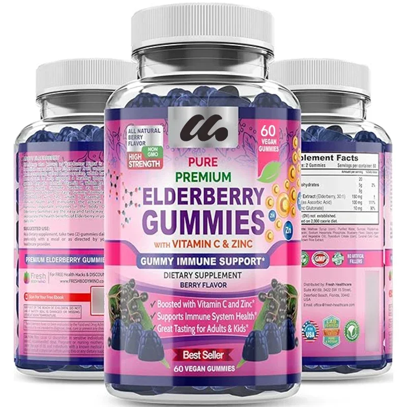 

Elderberry gummies contain vitamin C and zinc - Elderberry 30:1 extract -100% vegetarian friendly for adults and children