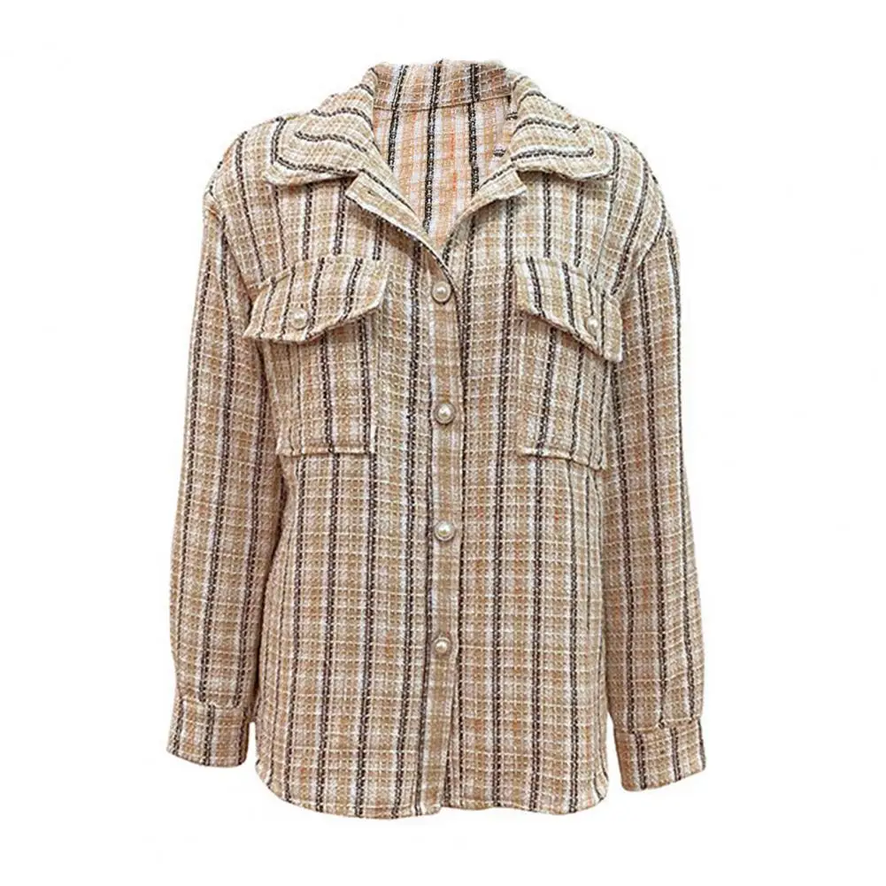 Autumn Jacket Stylish Retro Plaid Print Women's Jacket with Turn-down Collar Chest Pockets for Fall Spring Commuting Dating