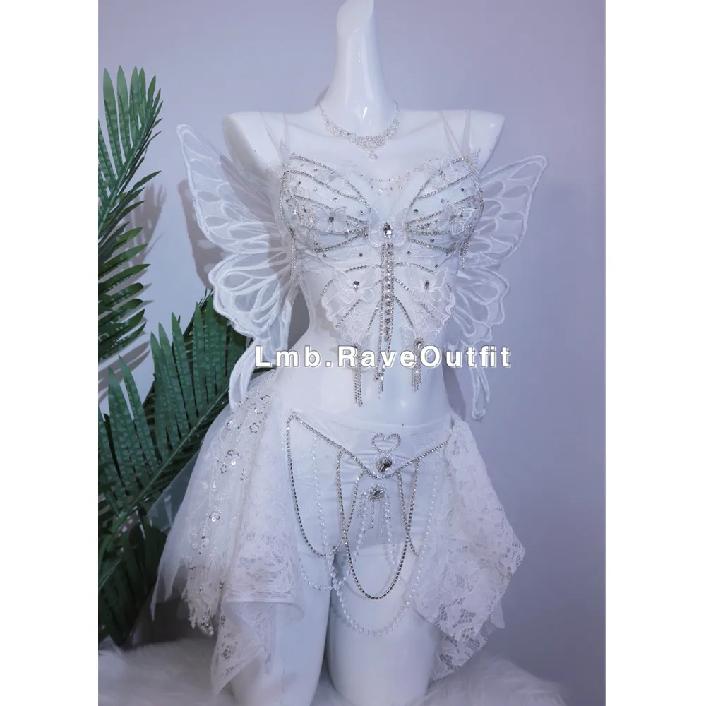 

Белые крылья, блестящее бикини с бриллиантами, юбка-пачка, электрический музыкальный фестиваль, рейв-наряд, ночной клуб, DJ, сексуальный сценический костюм