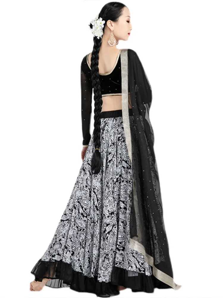 인도 여성 볼리우드 댄스 무대 공연 탑 긴 소매 블랙 메쉬 벨리 댄스 셔츠 오리엔탈 댄스 의상 DQL12132