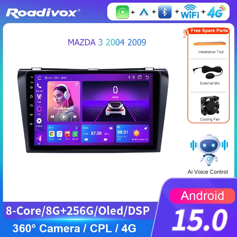 AI Voice Control Car Radio with Android 13 Multimedia Player for MAZDA 3 (2004-2009) Features GPS Navi Stereo Screenan WiFI 4G
