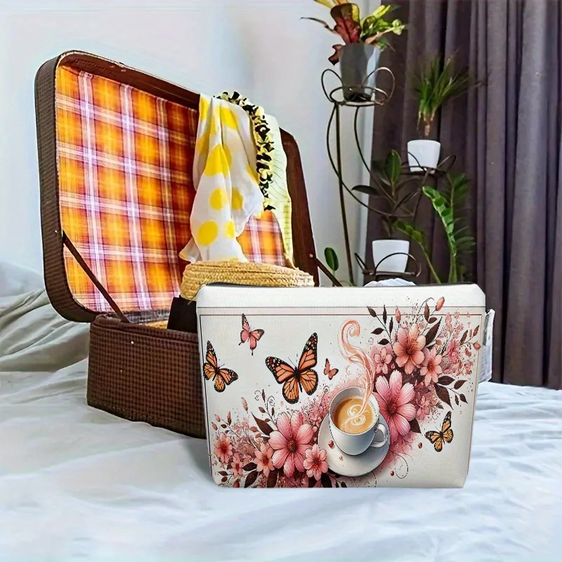 Bolsa de maquillaje con diseño de mariposa y flor de café, bolsa multifuncional con cremallera, bolsa de almacenamiento de joyas, bolsa pequeña con cremallera de viaje perfecta