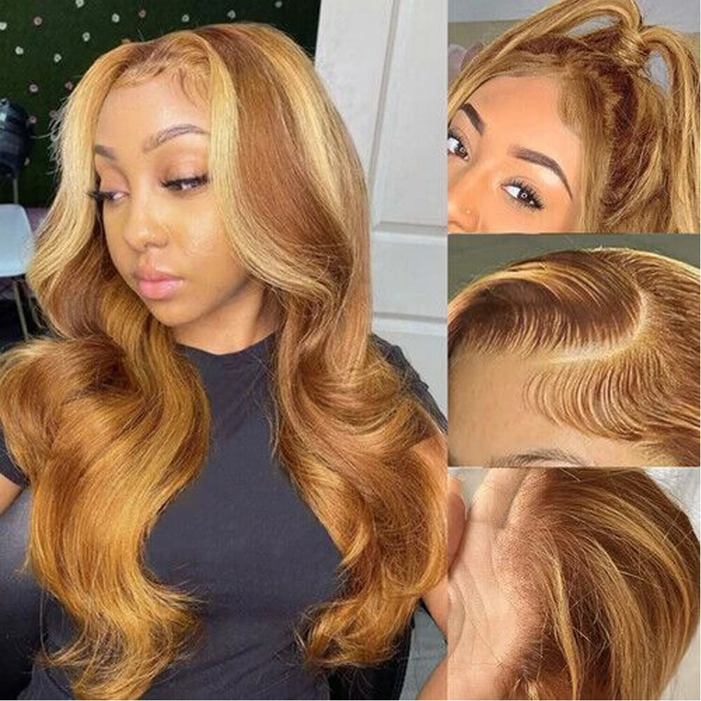 13x6 Body Wave Highlight Lace Front Synthetic Ombre 13x4 Lace Frontal Wigs Honey Blonde Colored Wigs For Women image 3
