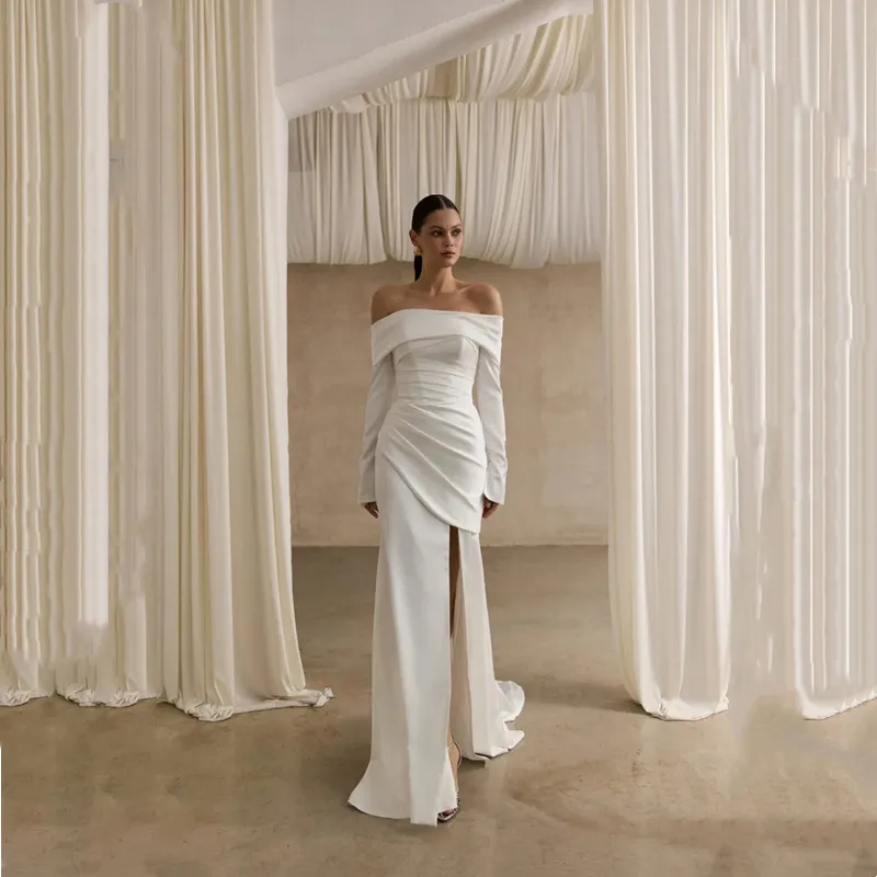 

Simple Ivory Mermaid Wedding Dress Satin Strapless Sexy Backless Long Sleeves High Split Bride Gown Off Shoulder Robe De Mariée
