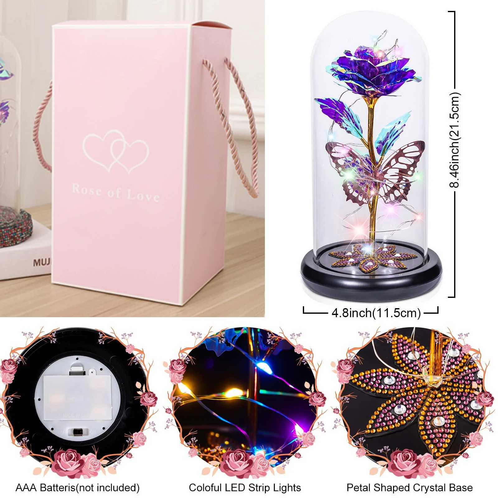 Galaxy Glass Rose Flower, Forever Eternal Crystal, Light Up Rose in Glass Dome, Birthday Gifts for Mom, Her, Grandma, Wife