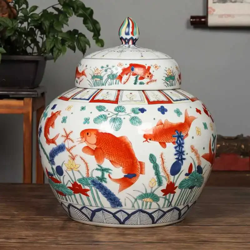 

Jingdezhen antique ceramic storage tank, multicolored fish and algae pattern porcelain with large lid, tea can ornament