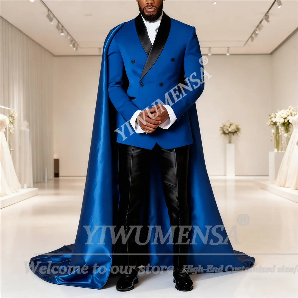 Smoking da sposo brillante con mantello lungo in raso con risvolto doppio petto giacca pantaloni abiti personalizzati uomo costume slim homme