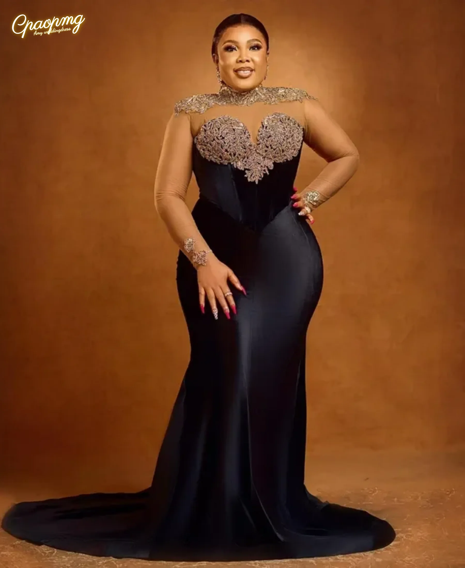 Customized Black Mermaid Gold Applique V-neck Invisible Long Sleeve Sexy Bag Buttock PROM Party Ladies Luxury Evening Dress