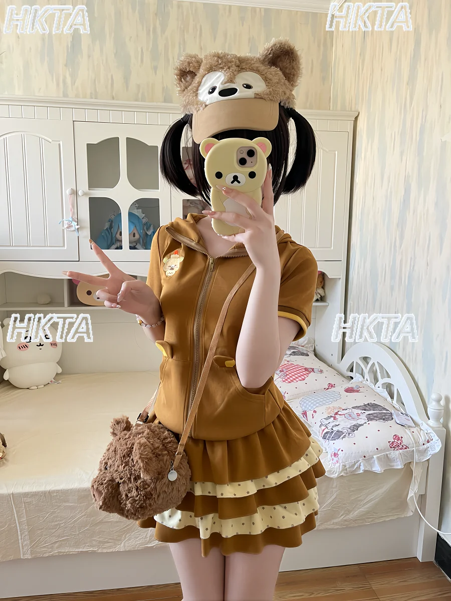 Japanese Cute Cartoon Embroidered Kangaroo Pocket Waist Hooded Jacket Top Female Polka Dot Cake A Line Skirts Sweet Sets Women