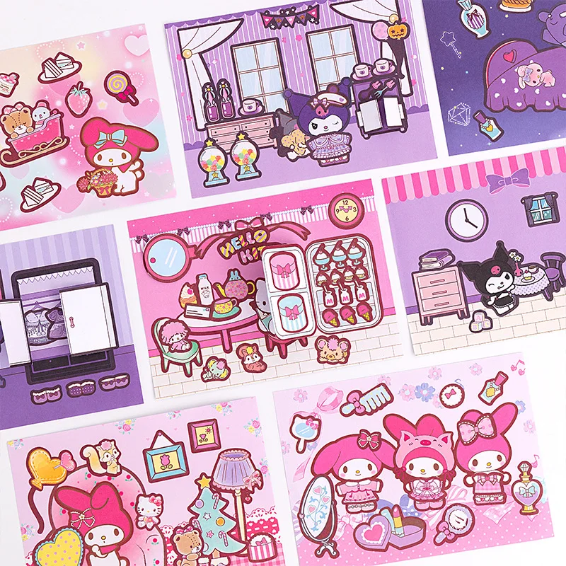New Anime Sanrio Portable Quiet Book Stickers Kawaii Cartoon Kuromi My Melody Scene Collage Set Gift Box 3D Bubble Sticker Set