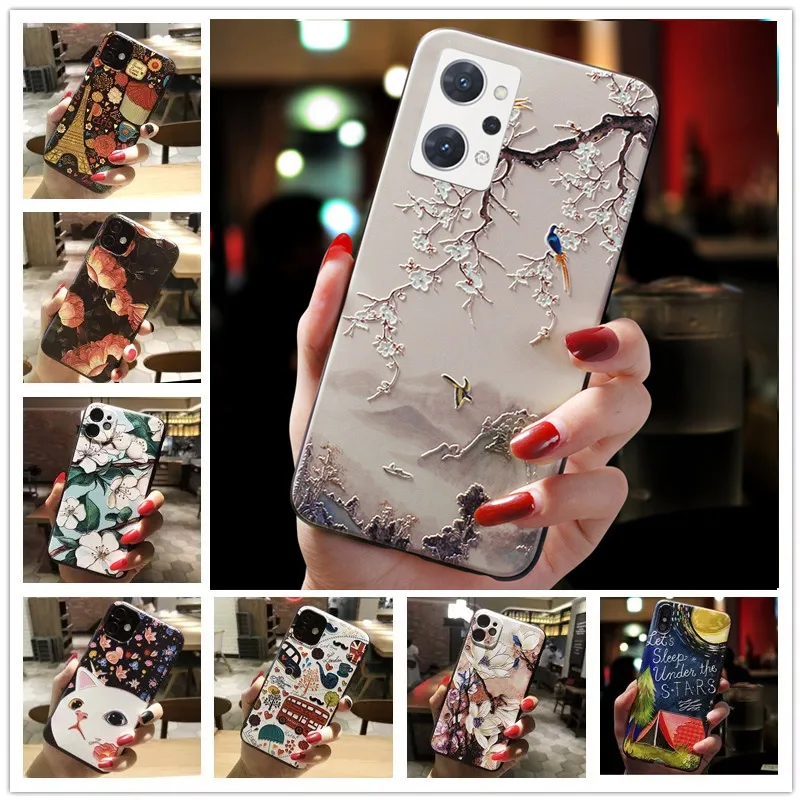 3D Relief Phone Case For OPPO Reno7 A Case Floral Silicon Cover For OPPO Reno 9A Case Reno9 A Reno 7A Reno9A CPH2353 Funda Coque