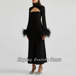 Heyday السعودية Feathers O-Neck Crepe Straight Long Sleeves Fashion Ankle Length Elegant Prom Dress For luxurious Woman 2024