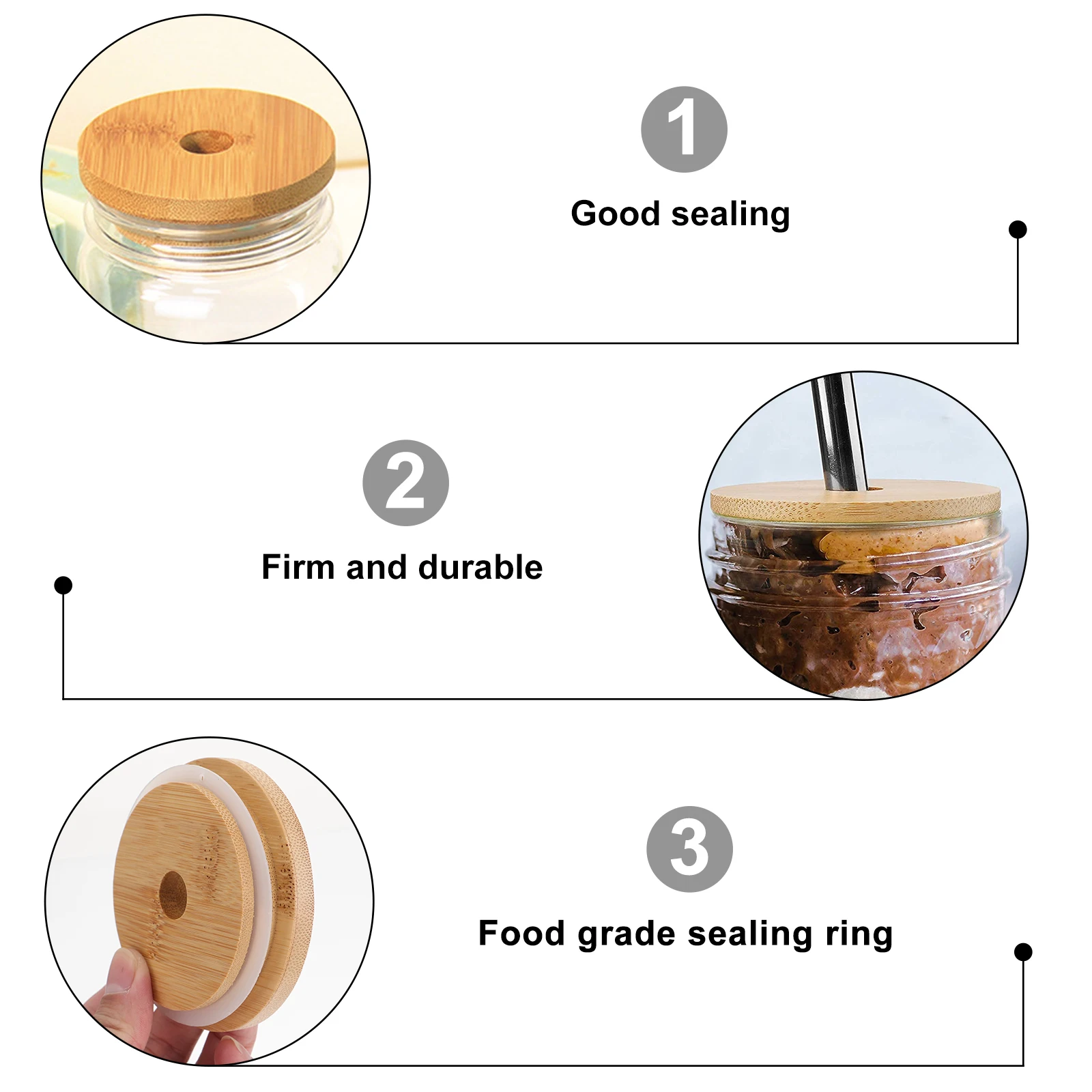 

Bamboo Wood Cover Lids for Mason Jar Canning Jars with Silicone Ring Straw Hole Light Not Deformed Protection Long