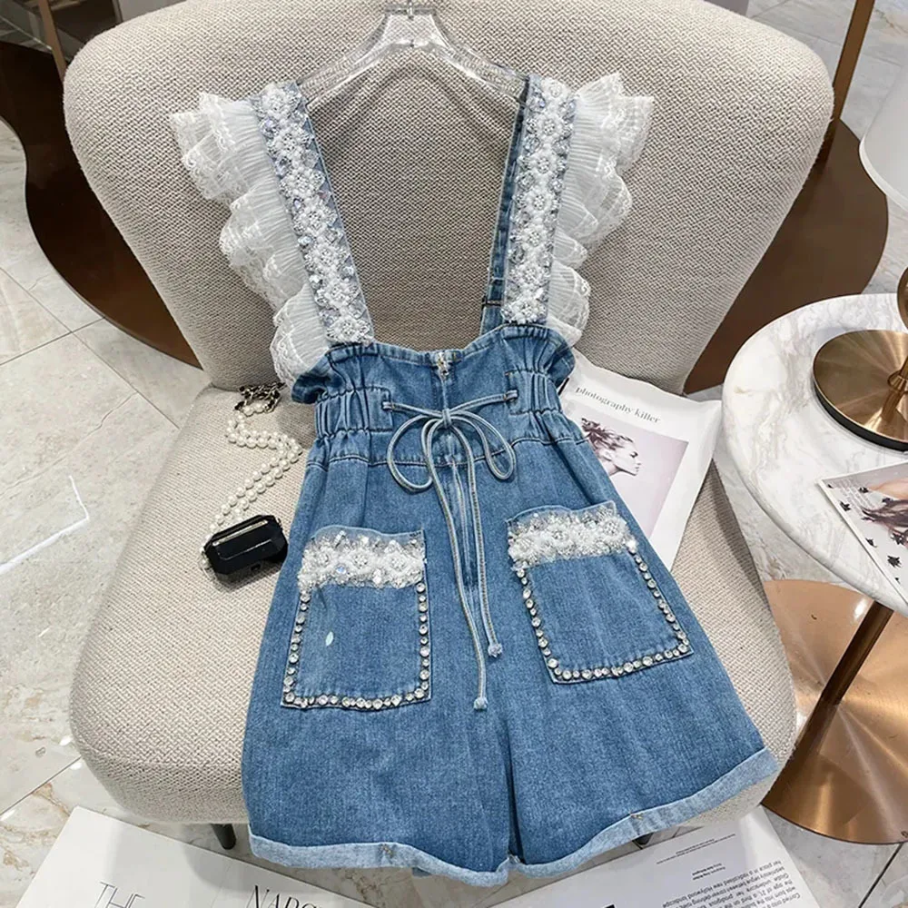 

Summer New Denim Overalls Women Shorts High Quality Beads Ruffles Jean Short Pants Women's Tight Waist Wide Leg Shorts Rompers