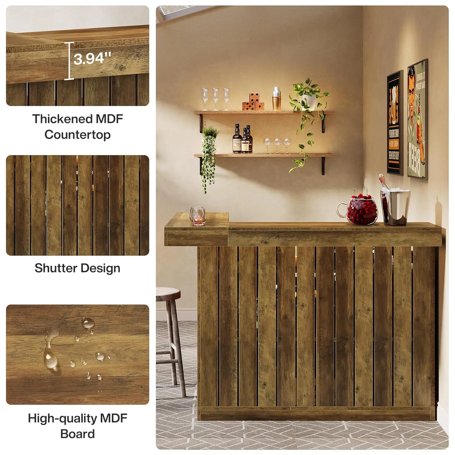 Mesa de Bar em L com 4 Níveis, Prateleira de Canto para Bebidas, Suporte para Taças de Vinho, Armário Industrial, Balcão de Recepção Marrom Personalizado