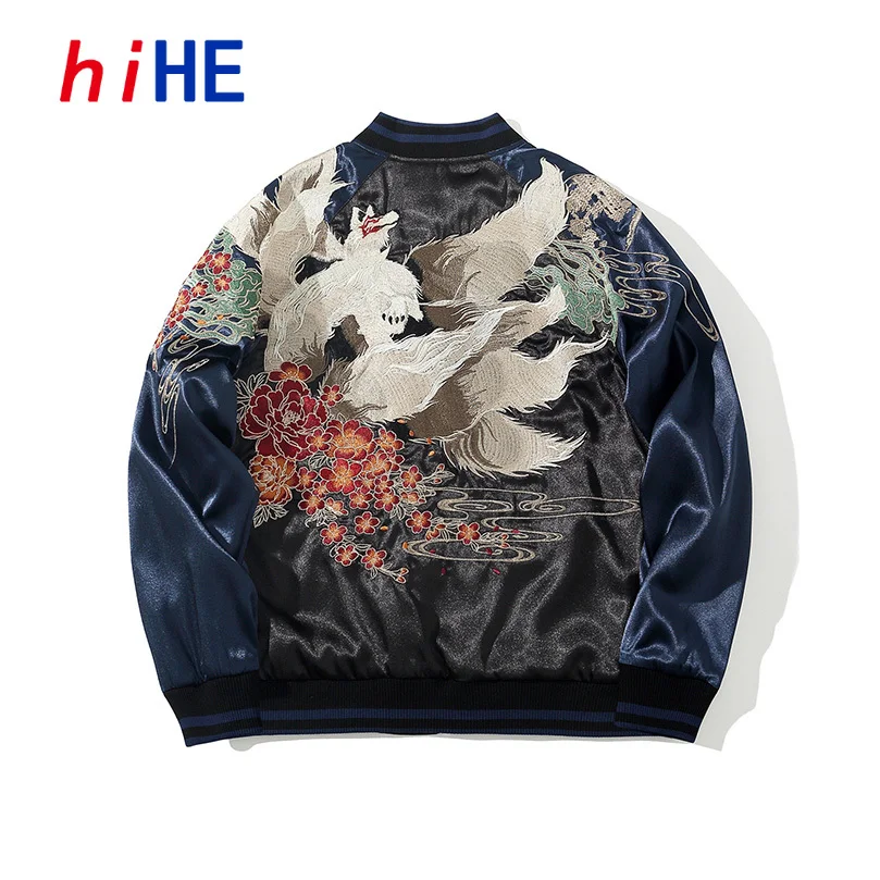 Men Embroidery Baseball Jacket Heavy Satin Zip Up Stand Collar Oversize Navy Streetwear Coat Spring Autumn