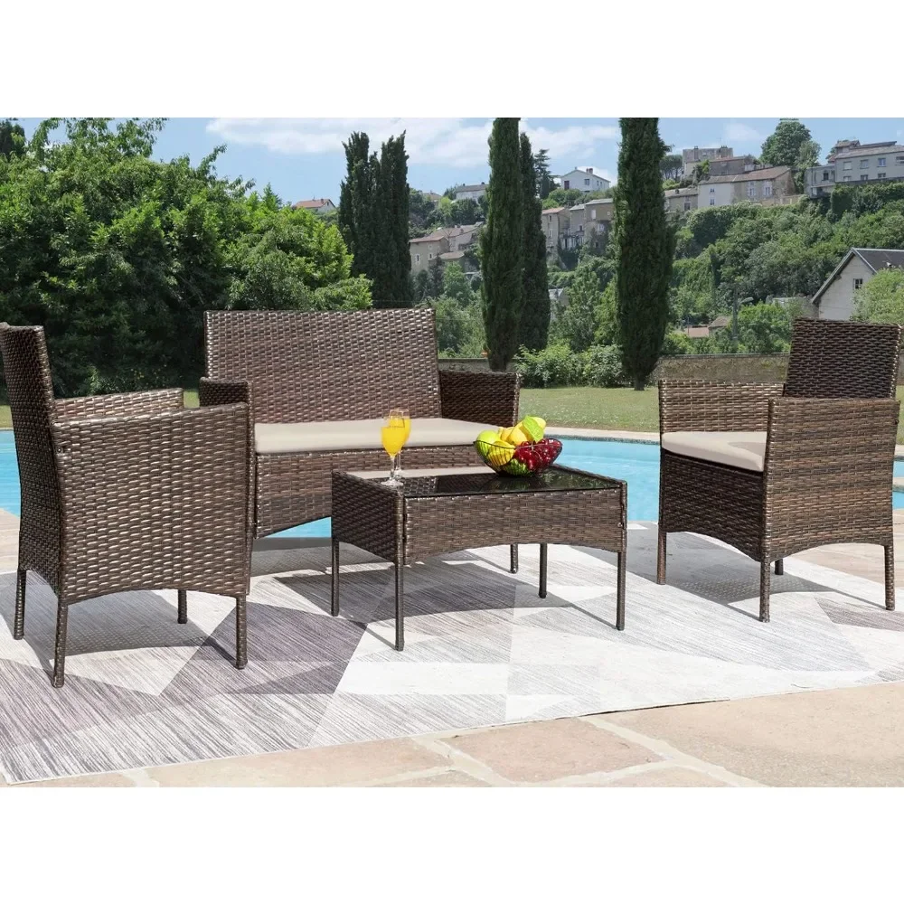 

Patio Furniture 4 Pieces Sets Outdoor Wicker Rattan Chairs Garden Backyard Poolside loveseat with Soft Cushion and Glass Table