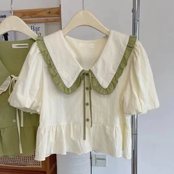 Women Clothes Sweet Pleated Contrast Short Blouse Summer New Short Sleeve All-match Youth Lacing Fashion Shirt Tops Korean Trend