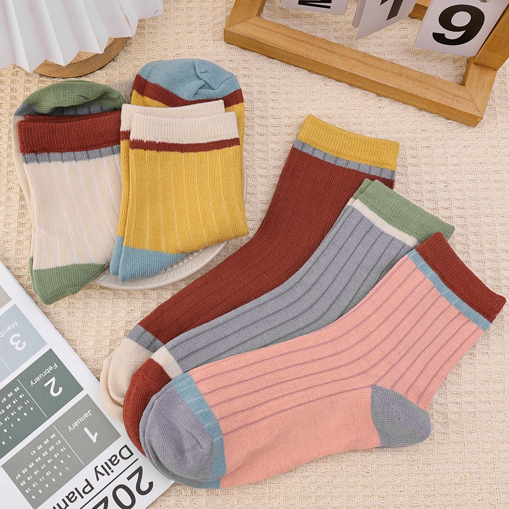 1/3/5Pairs Thickened Striped Women Socks Harajuku Retro Solid Color Mid-tube Socks Autumn Winter Breathable Sweat-absorbent Sock