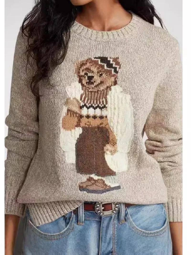 2025 New Women's Knitted Sweater Pure Cotton Cartoon Bear High Quality Autumn and Winter Sweater Christmas Atmosphere