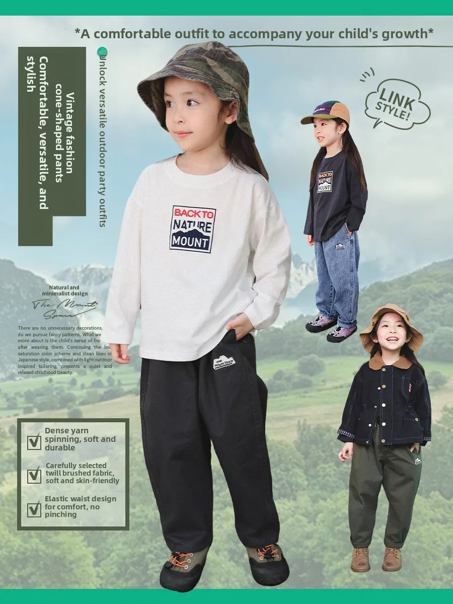Girls Embroidered Patch Pure Color Workwear Trousers Spring Autumn Casual Straight Leg Cotton Long Pants Comfortable Soft