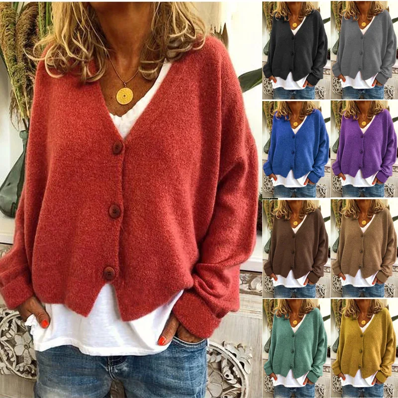 Women's Autumn Winter Cardigan Sweater V-neck Solid Color Casual Loose Sweater Knitted Cardigan