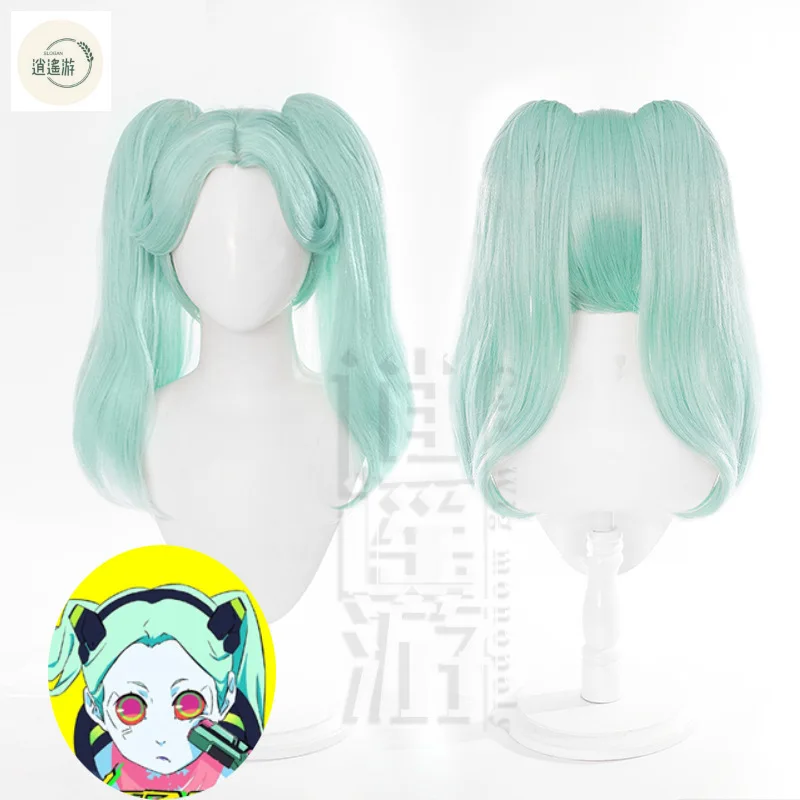 Juego Cyberpunk Edgerunn Rebecca Cos peluca 55CM doble cola de caballo pelo sintético resistente al calor pelucas de Cosplay para fiesta de Halloween + gorro de peluca