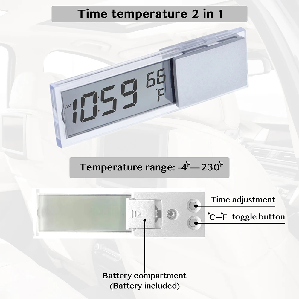 Car Electronic Clock Thermometer LCD Time Temperature 2-in-1 Suction Cup Car Interior Accessories Celsius Fahrenheit Switchable