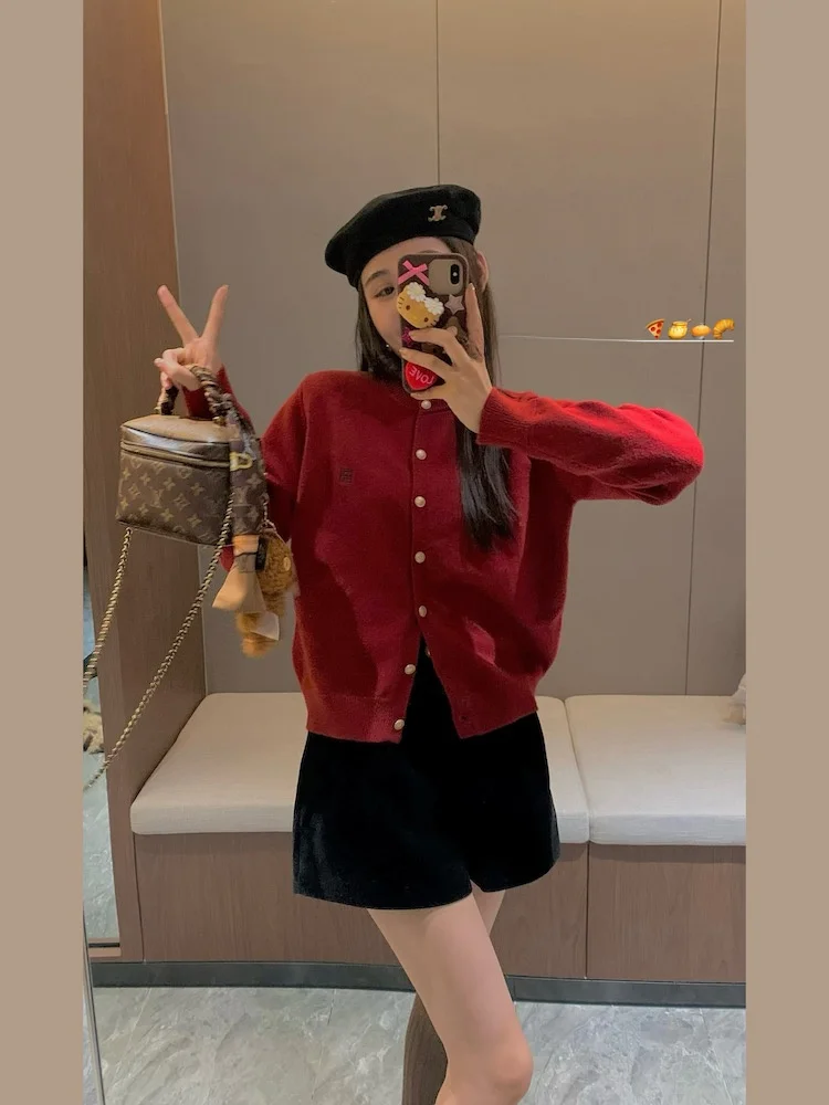 

Gold Button round Neck Knitted Open Cardigan Sweater Women's Loose Embroidery Design Berkeley College Style Winter Outerwear