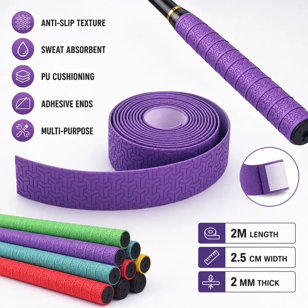 PU Badminton Handle Wrap Tape Anti Slip Texture Sweat Absorbent Fishing Rod Grip Tape Elastic Cushioning Adhesive End Strips