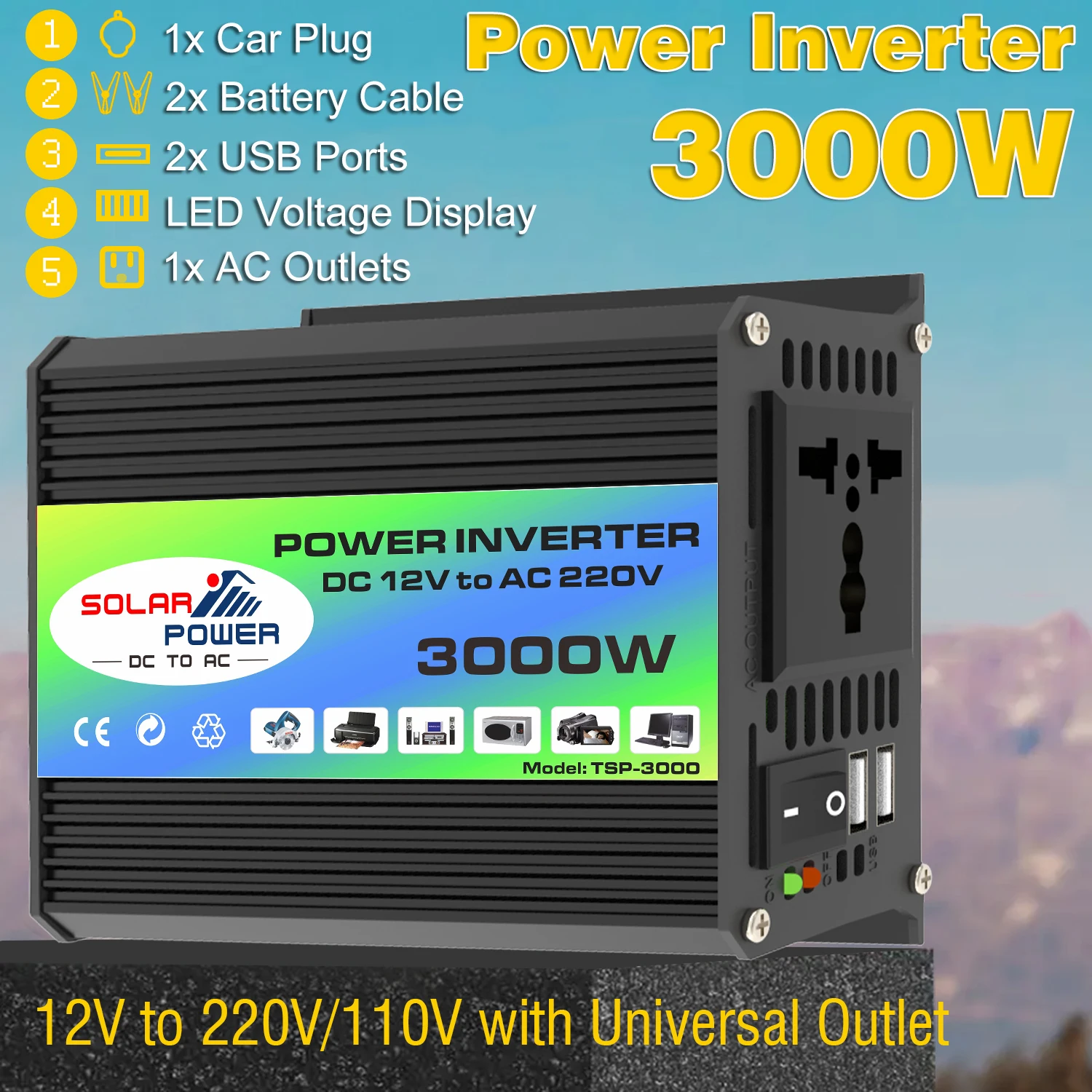 3000W Car Inverter 12V DC To 110V/220V AC Power Converter LED Display Dual USB Modified Sine Wave Car Inverter Charger Universal