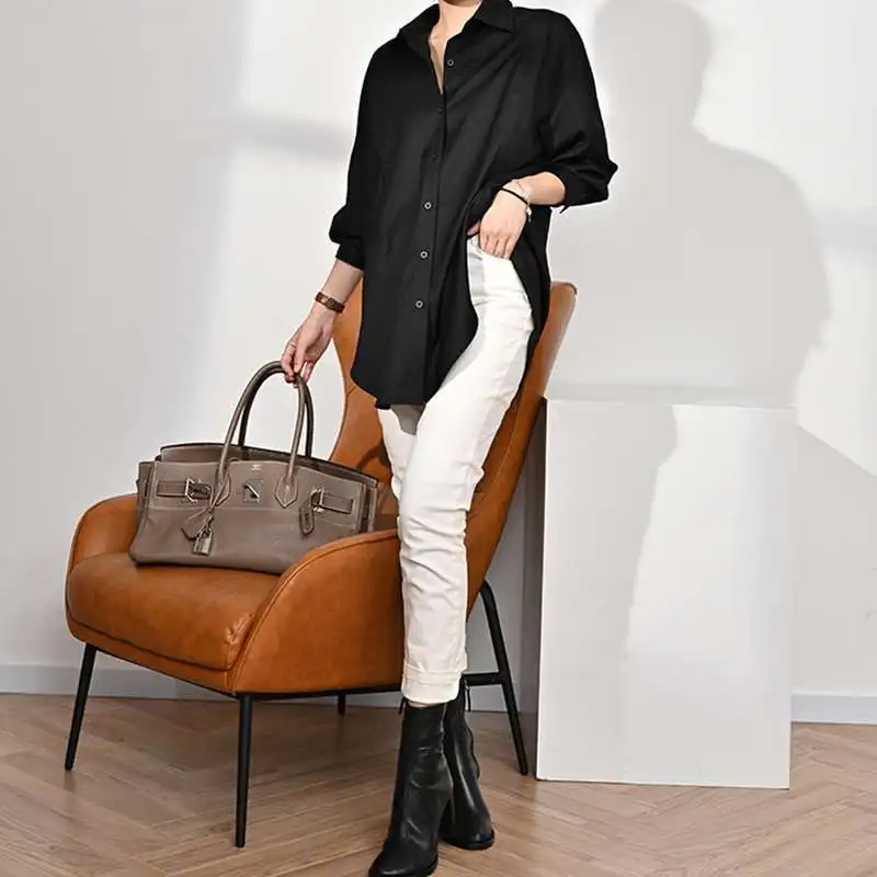 

Meiyang Tee Dimensional Cut Loose Long irt Korean Sle Straight Tube Polyester Fiber Warm Long Sve Flip Collar Pure C...