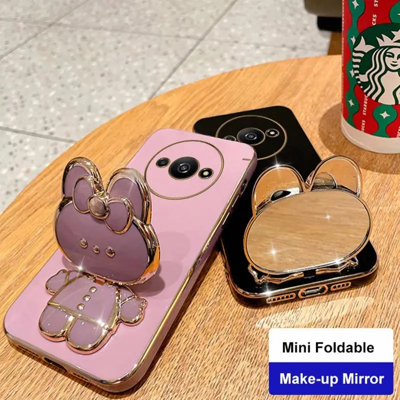 A3 Rabbit Makeup Mirror Holder Plating Phone Case For Xiaomi Redmi A3 Shatterproof Camera Protection Redmi A3 Soft Back Cover