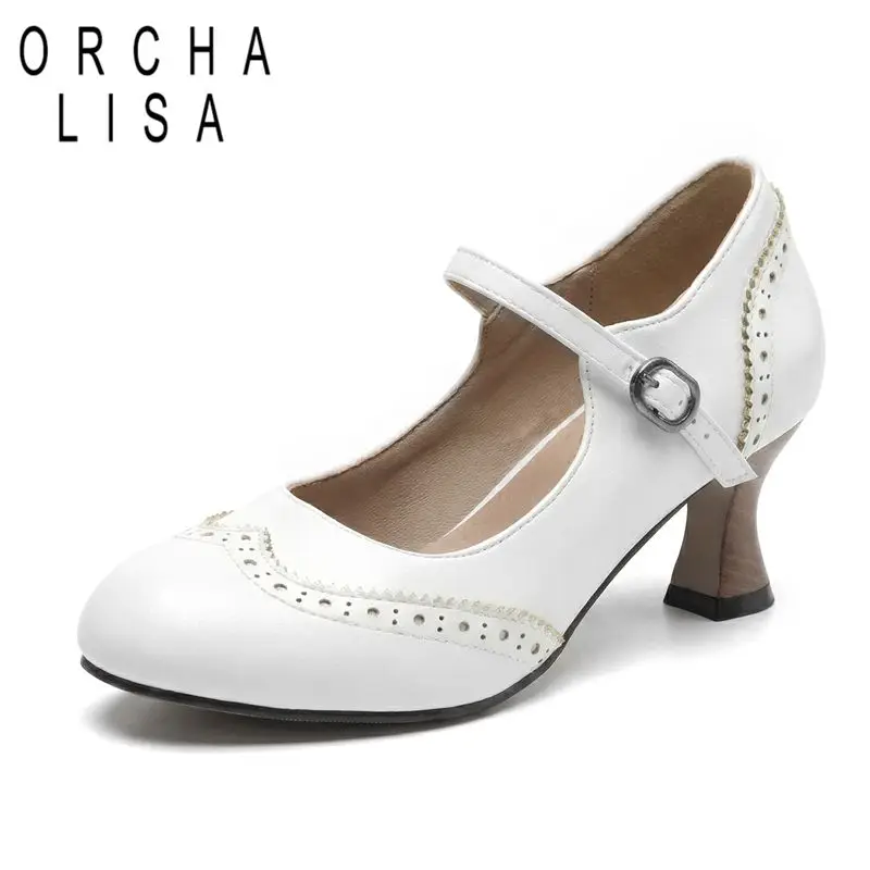 

ORCHA LISA Brown Women Pumps Round Toe 6cm Block Heel Buckle Strap Breathable Casual Daily Shoes Footwear Large Size 47 48 49 50
