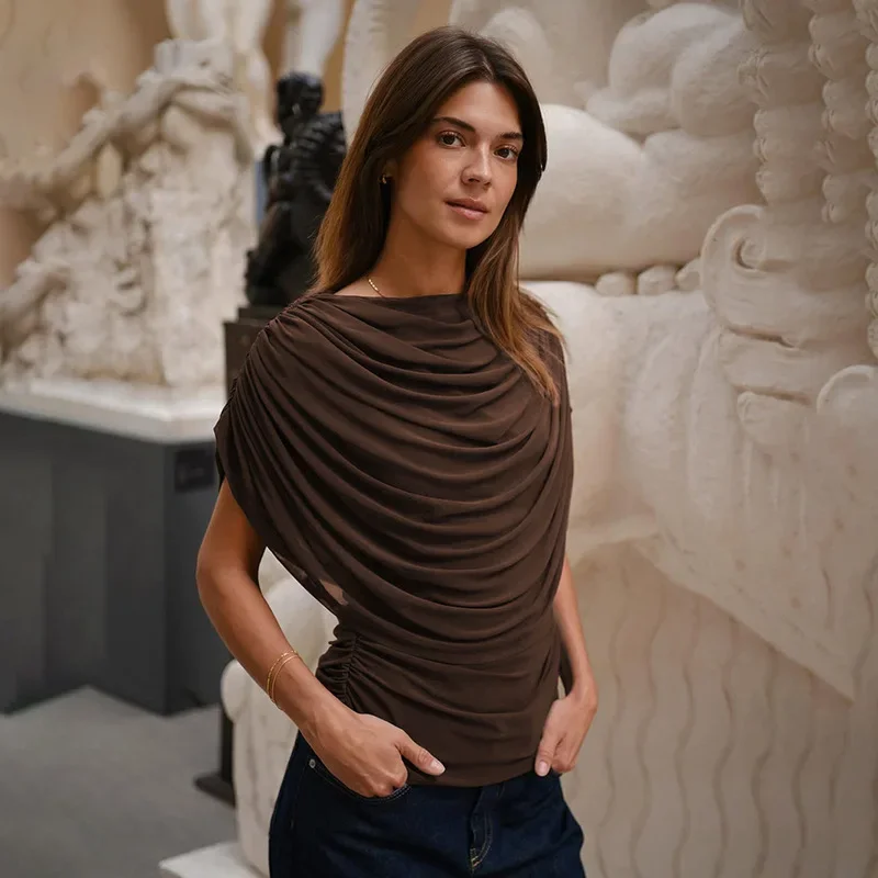 

Women Fashion Mesh Cape Ruched Slim T-shirts Solid O Neck Sleeveless Casual All Matching Streetwear Tees Tops Female Clothing