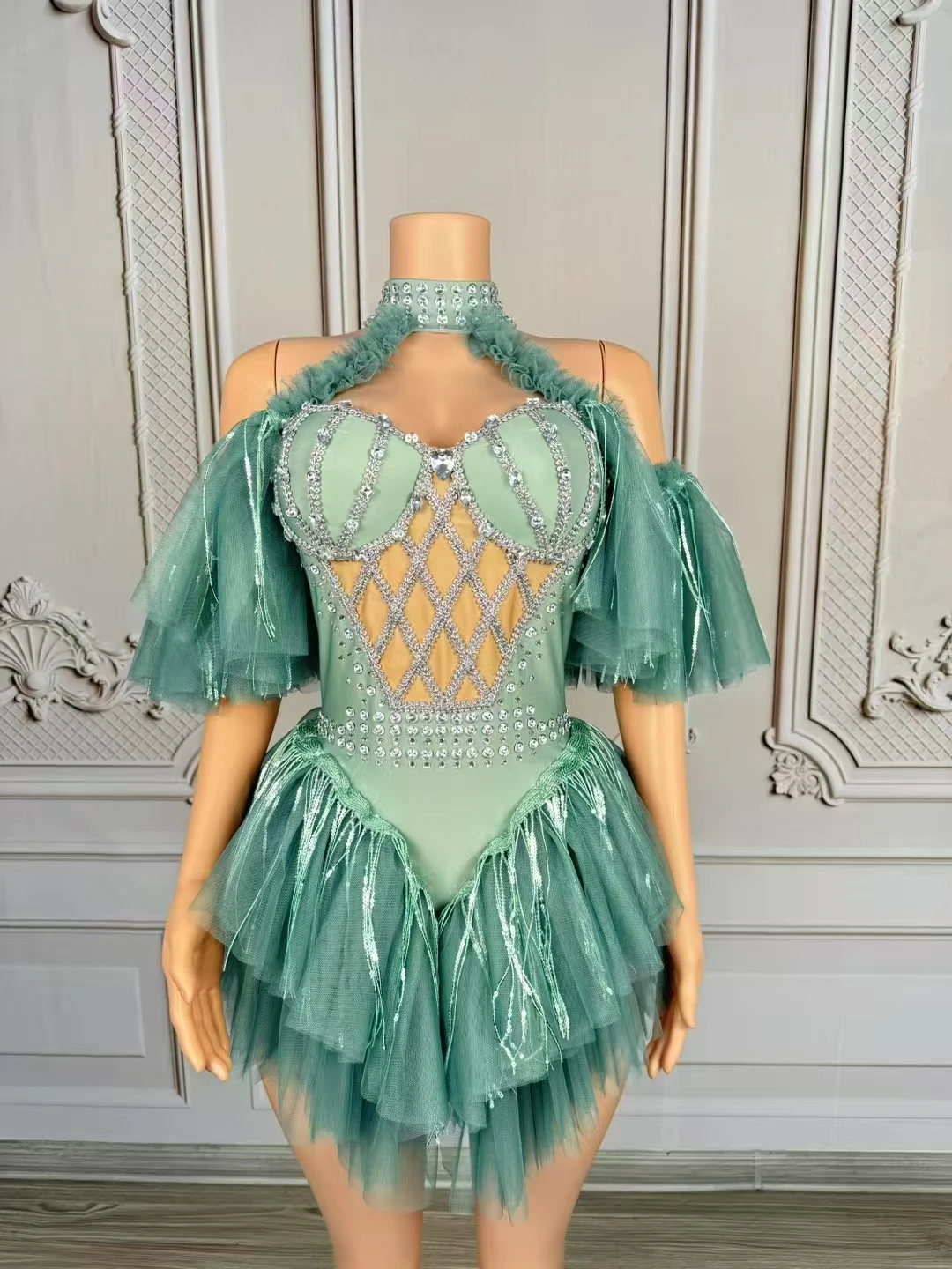 

Off-The-Shoulder Sheer BodysuitRhinestones Evening Party Dress Performance DanceCostume Nightclub Dancer Stage Wear D206