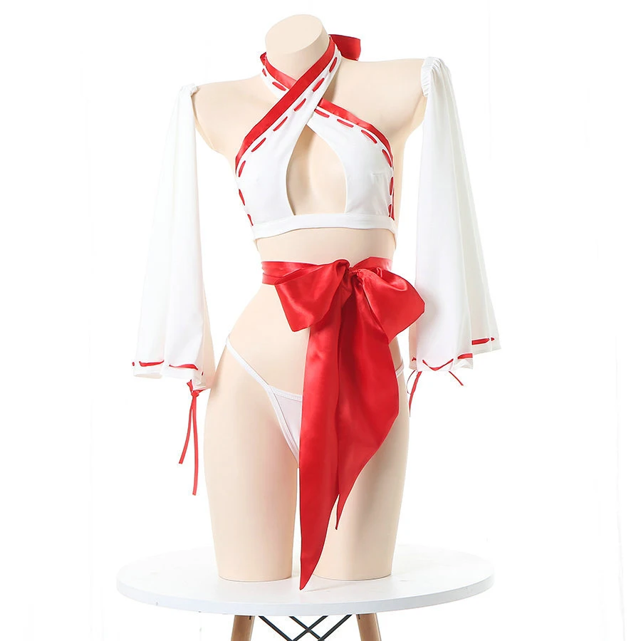 Japanse Anime Miko Cosplay Kimono Lingerie Set Sexy Vrouwen Halter Kriskras Bikini 'S Rode Boknot Bandage Nachtkleding Drop Ship Ship