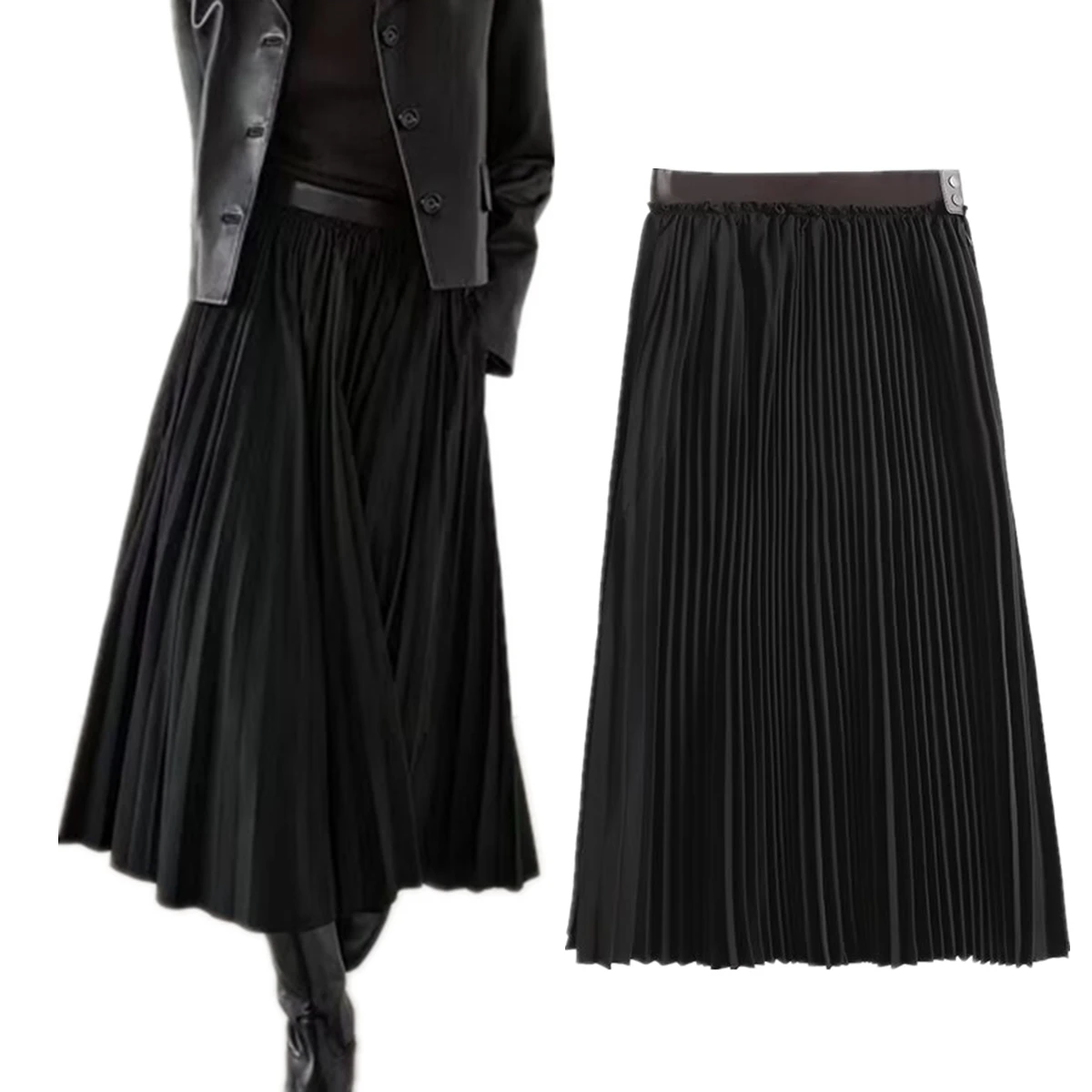 

Maxdutti 2024 Fashion Office Ladies French Minimalist Leather Waist And Pleated Skirt Women A-line Midi Skirts Womens